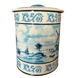 Vintage Western Germany Canister Tin Windmills Sailboats Delft Blue Dutch Style